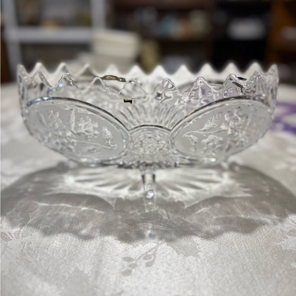Vintage Crystal Lead Frosted and Clear Oval Bowl